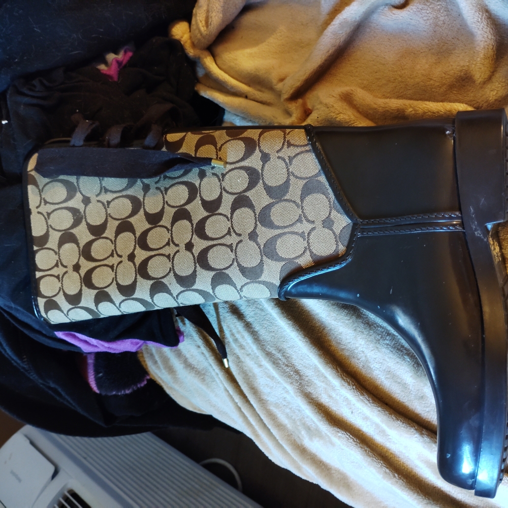 Coach Monogram Rain Boots - Black and Beige